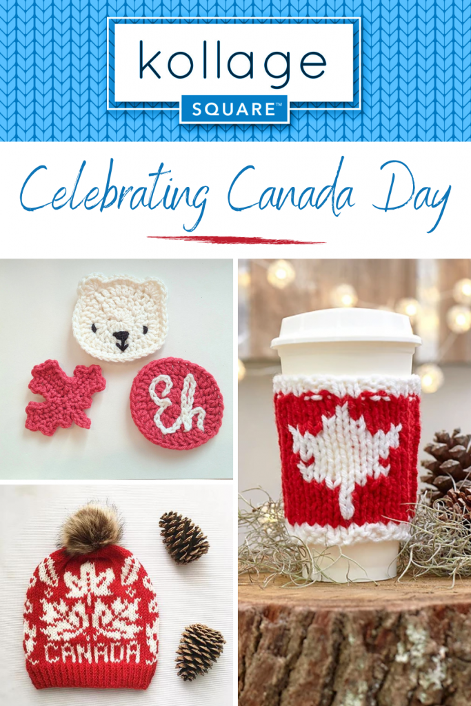 A collage of project inspired by Canada: crocheted patches of a polar bear, maple leaf and "Eh," a maple leaf cup cozy, and a maple leaf colourwork hat.