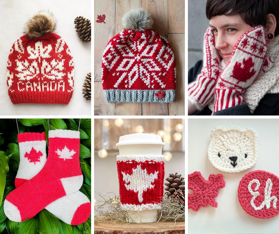 A collage of knit and crochet projects with Canadian spirit: a knitted and crocheted hat, knitted mittens and socks, a knitted cup cozy and crocheted patches.