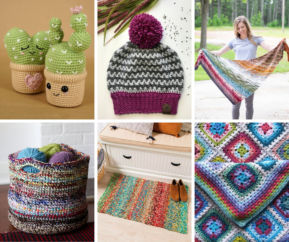 A collage of crochet projects: tiny cacti, a hat with a pom pom, a triangular shawl, a crocheted basket, a small rug and a colorful crocheted blanket.