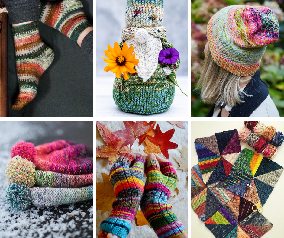A collage of handknit projects: socks, a tiny gnome, two colorful hats, fingerless mitts, a pinwheel striped blanket.