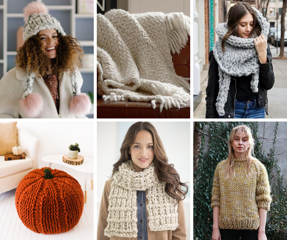 A collage of bulky handknit projects: a grey hat, a herringbone patterned cream-colored blanket, an oversized grey scarf, a pumpkin pouf, a textured scarf and a cozy yellow sweater.