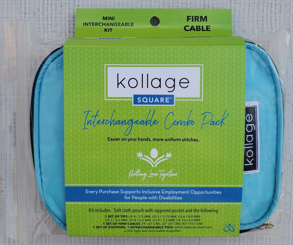 A turquoise zippered knitting case and a green cardboard wrap that reads "Interchangeable Combo Pack"